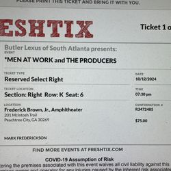 2 Men At Work & The Producers Tickets 10/12/24 at The Fred Amphitheater in Peachtree City