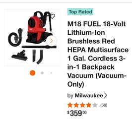 M18 FUEL 18-Volt Lithium-lon Brushless Red HEPA Multisurface 1 Gal. Cordless 3- in-1 Backpack Vacuum (Vacuum- Only)