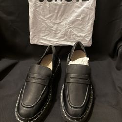 Schutz Studded Loafer Flats Black Leather Women's 