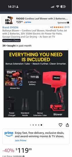 Bullseye Blower – Cordless Leaf Blower, Handheld Turbo Jet with 2 Batteries, 20V 350W Electric Air Power for Patio, Garage Cleaning and Car Drying – A