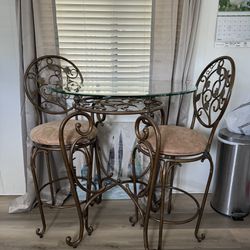 Iron Bistro Table W/2 Swivel Chairs  Beveled Glass Top New Condition