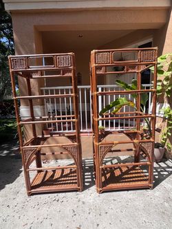 Pair of Boho Rattan Wicker Etagere Bookshelves