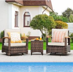 3 Piece Outdoor Swivel Rocker, Patio Furniture Bistro Set with 360° Wood Armrests Swivel Rocking Chairs and Side Table (Beige)