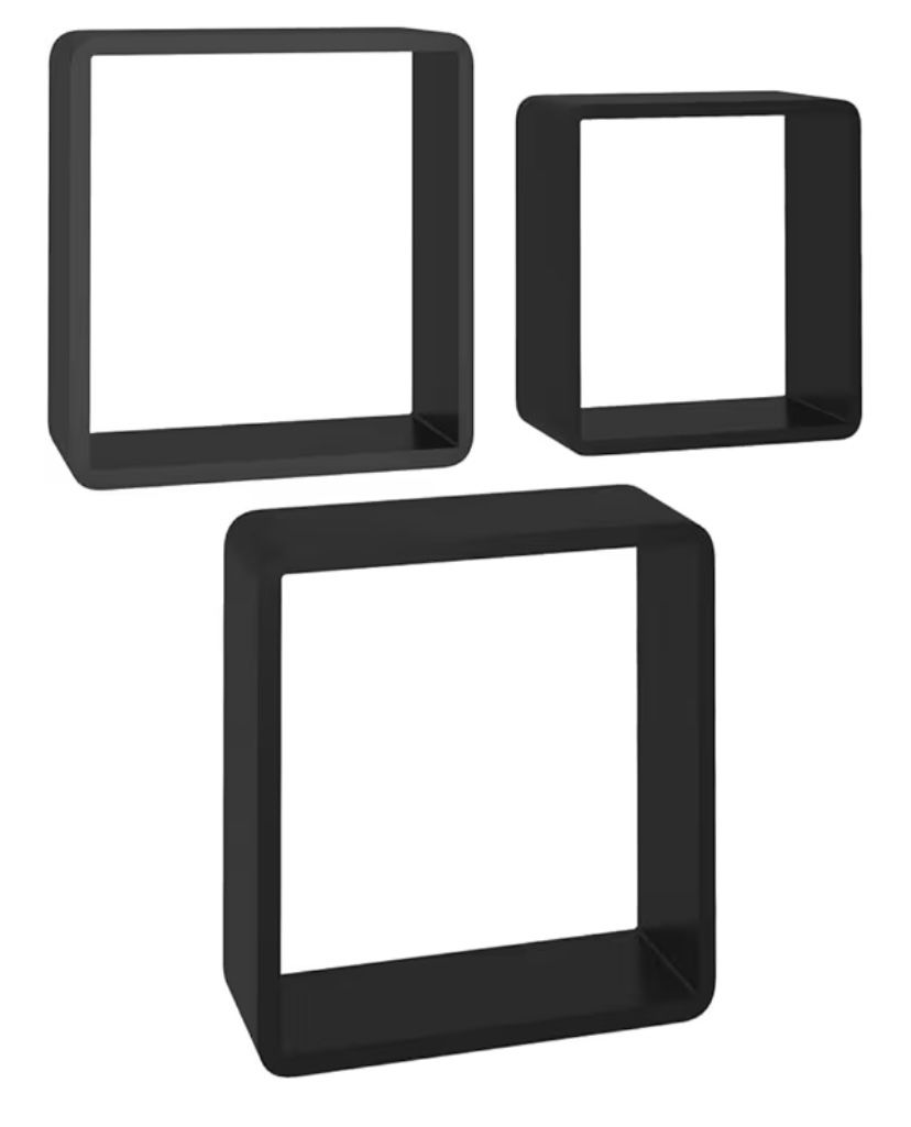 Black Wall Cube Shelves Set of 3 - Durable MDF Material, Invisible Mounting System with Various Sizes