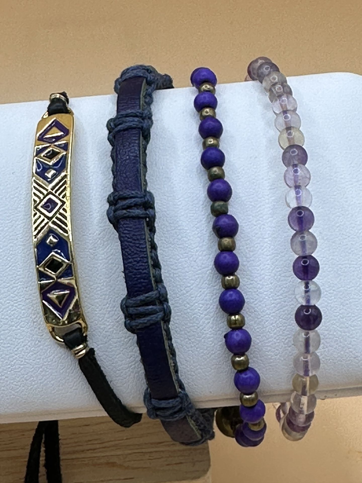 Ettika Lot Of 4 Bracelets Glass Beads Leather, Gold Tone, Enamel & Twine Good Condition