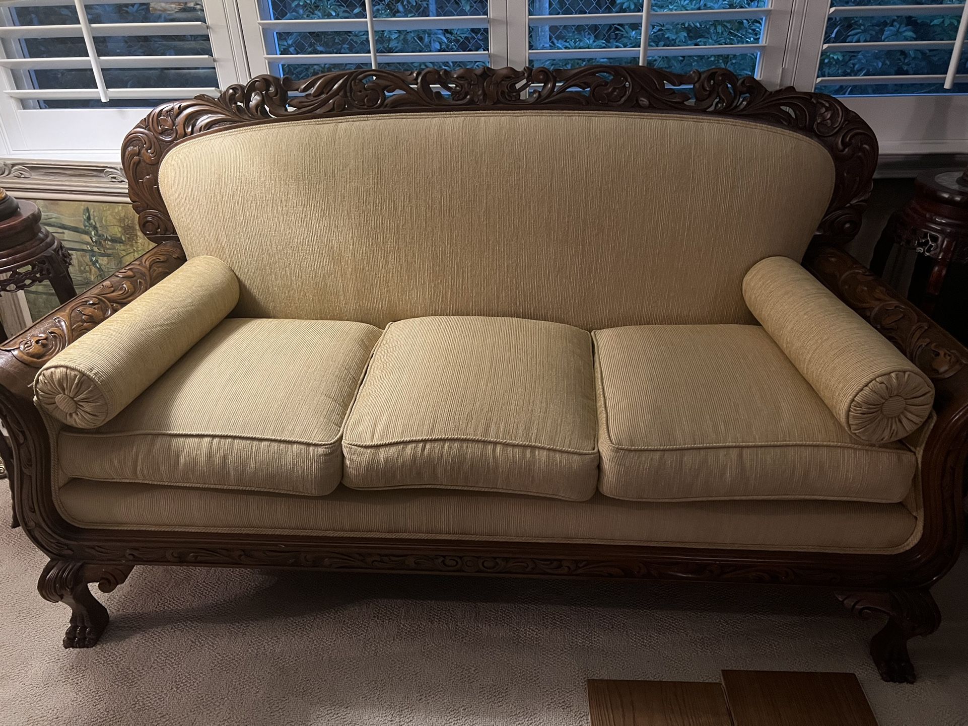 Antique Couch - Spanish Style Sofa - Carved Wood & Reupholstered