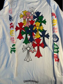 Chrome Hearts white long sleeve shirt with multi-coloured cross design. Size L #luxury #crosses