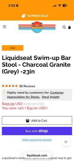 Two Liquidseat Swim-Up Bar Stools – Charcoal Granite (Grey) – 23”