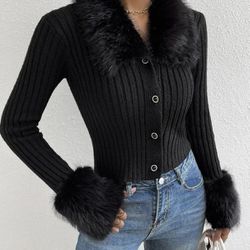 SHEIN BAE Fuzzy Collar Ribbed Knit Cardigan Black / L(8/10)