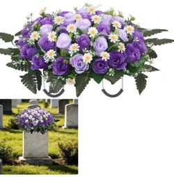 Wocst Headstone Flower Saddle,Large Artificial Cemetery Flowers for Grave Artificial Roses Daisy Saddle for Cemetery Headstone (Purple)