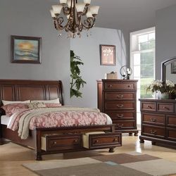 Brand New Cherry 4pc Queen Bedroom Set (Available In California & Eastern King)