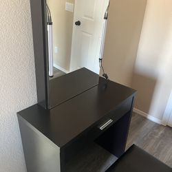 Modern Black Makeup Vanity Desk with Lighted Mirror & Matching Stool Set