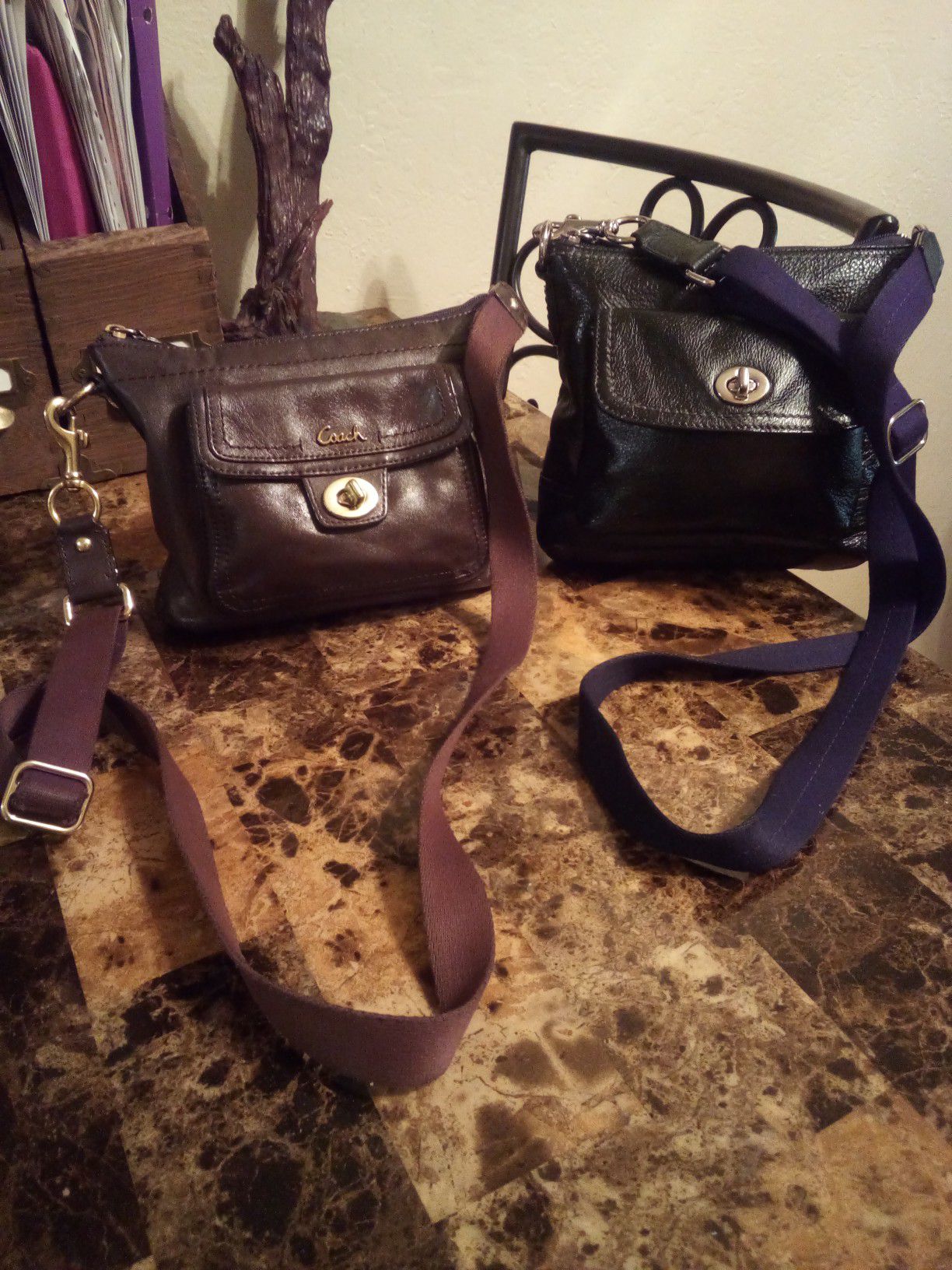 2 COACH Handbags brown & black leather turnlock small crossbody shoulder bag purse messenger