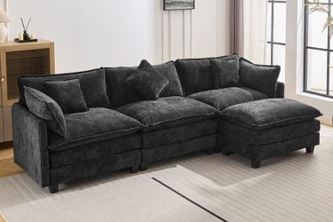 112.2 L-Shape Chenille Upholstered Sofa for Living Room Modern Luxury Sofa Couch with Ottoman and 5 Pillows for Living Room (SG001160AA), Black