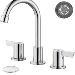 Bathroom Sink Faucet 3 Hole, 8 Inch Widespread Bathroom Sink Faucet with 2 Handles, Pop-up Drain & Hair Catcher Included for Vanity RV Farmhouse Sink,