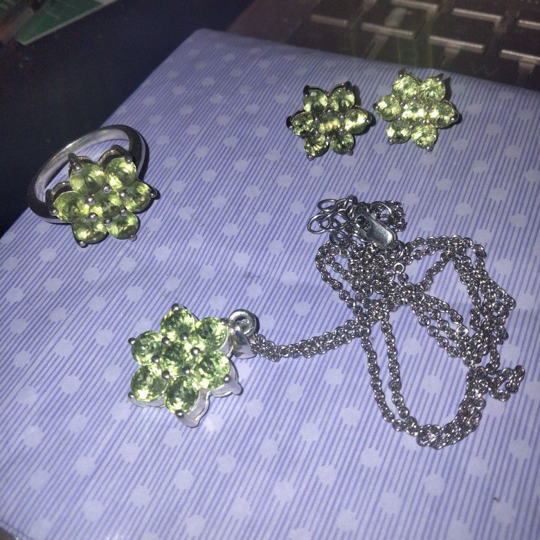 Peridot Ring, Necklace And Earrings