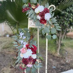 Fall Autumn Burgundy Ivory and White Roses Flower, Eucalyptus Garland for Welcome Sign or Arch Decoration