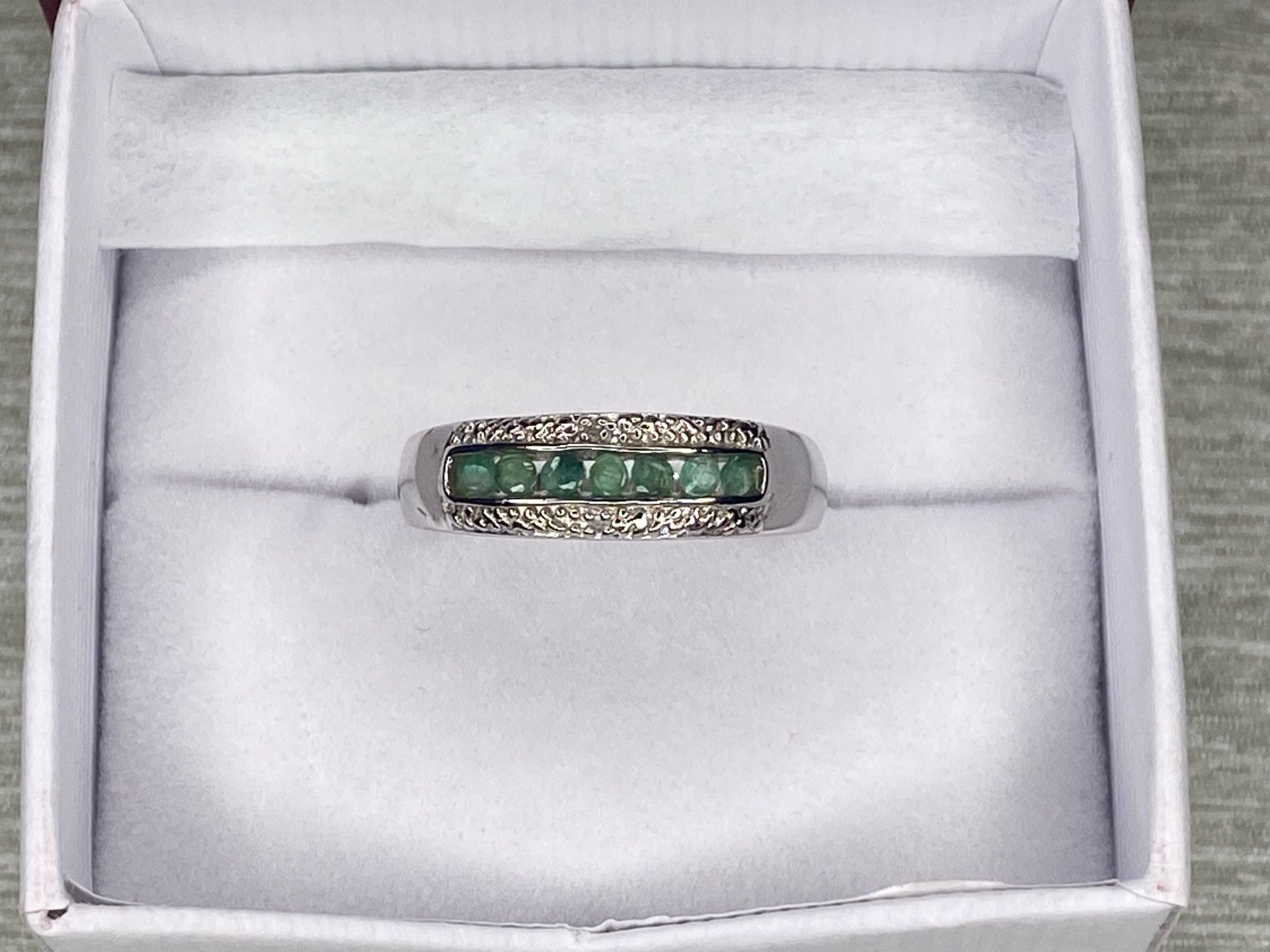 Channel Set Natural Emerald & Diamond Accent Ring