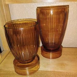Amber Glass Vases Or Candle Stands • Large 7" Small 5.5 " Tall • Set Of 2