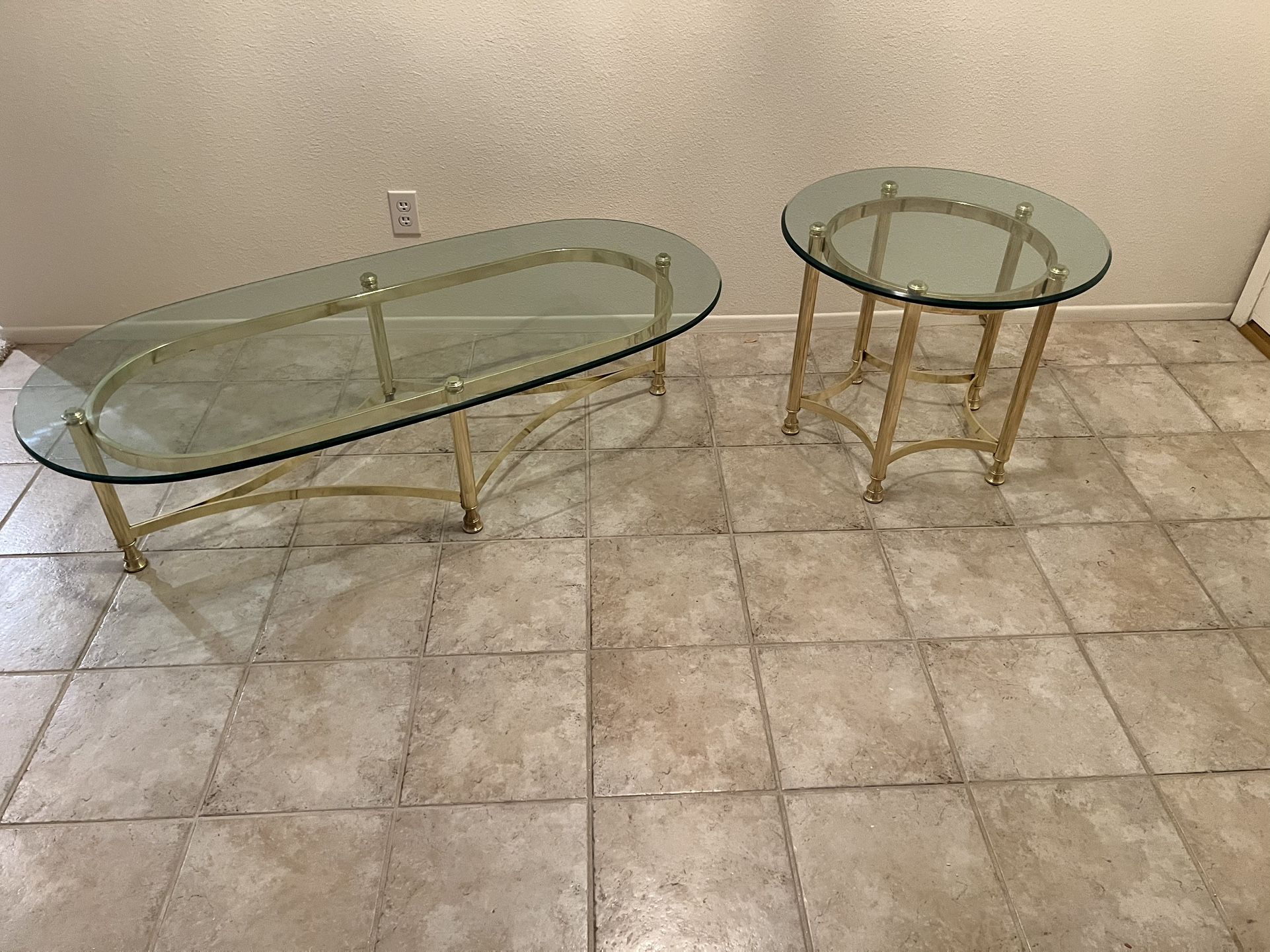 Glass Coffee Table & Side Table, Brass Legs