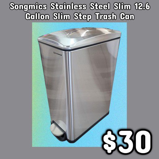 NEW Songmics Stainless Steel Slim 12.6 Gallon Slim Step Trash Can: njft 