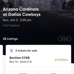 (2) Amazing Club Seats Sec C108 Arizona Cardinals @ Dallas Cowboys Tickets 