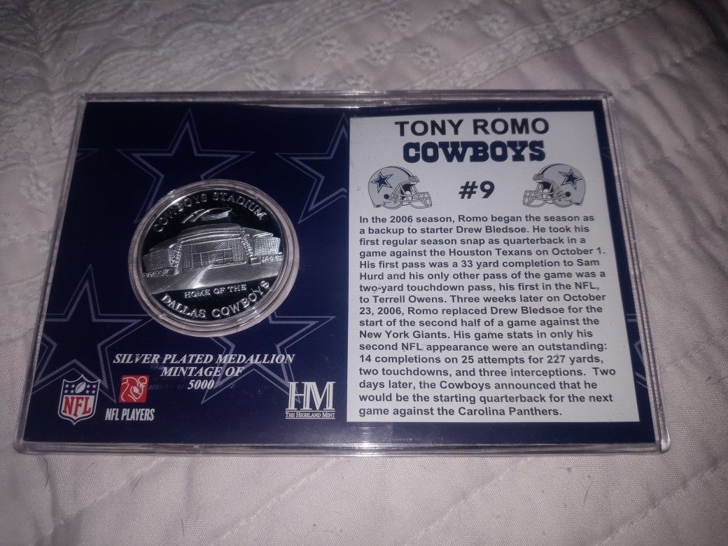 Tony Romo Silverplate Medallion Coin/Card NFL Dallas Cowboys 