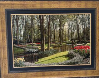 Hand woven rug scenery of keukenhof garden in Netherlands