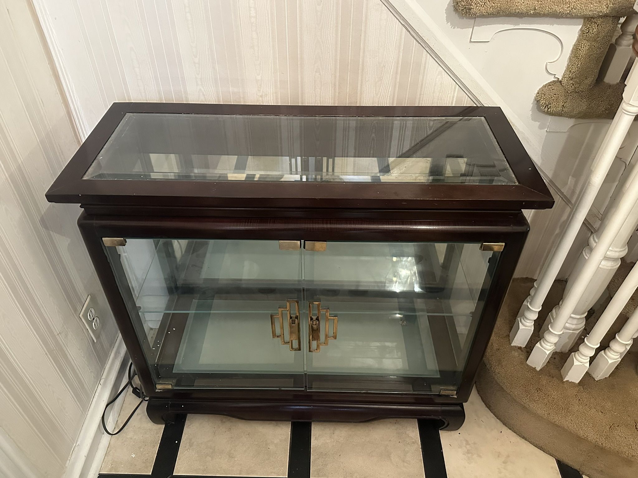 Glass Display Curio Cabinet Wood Frame Brass Hardware 