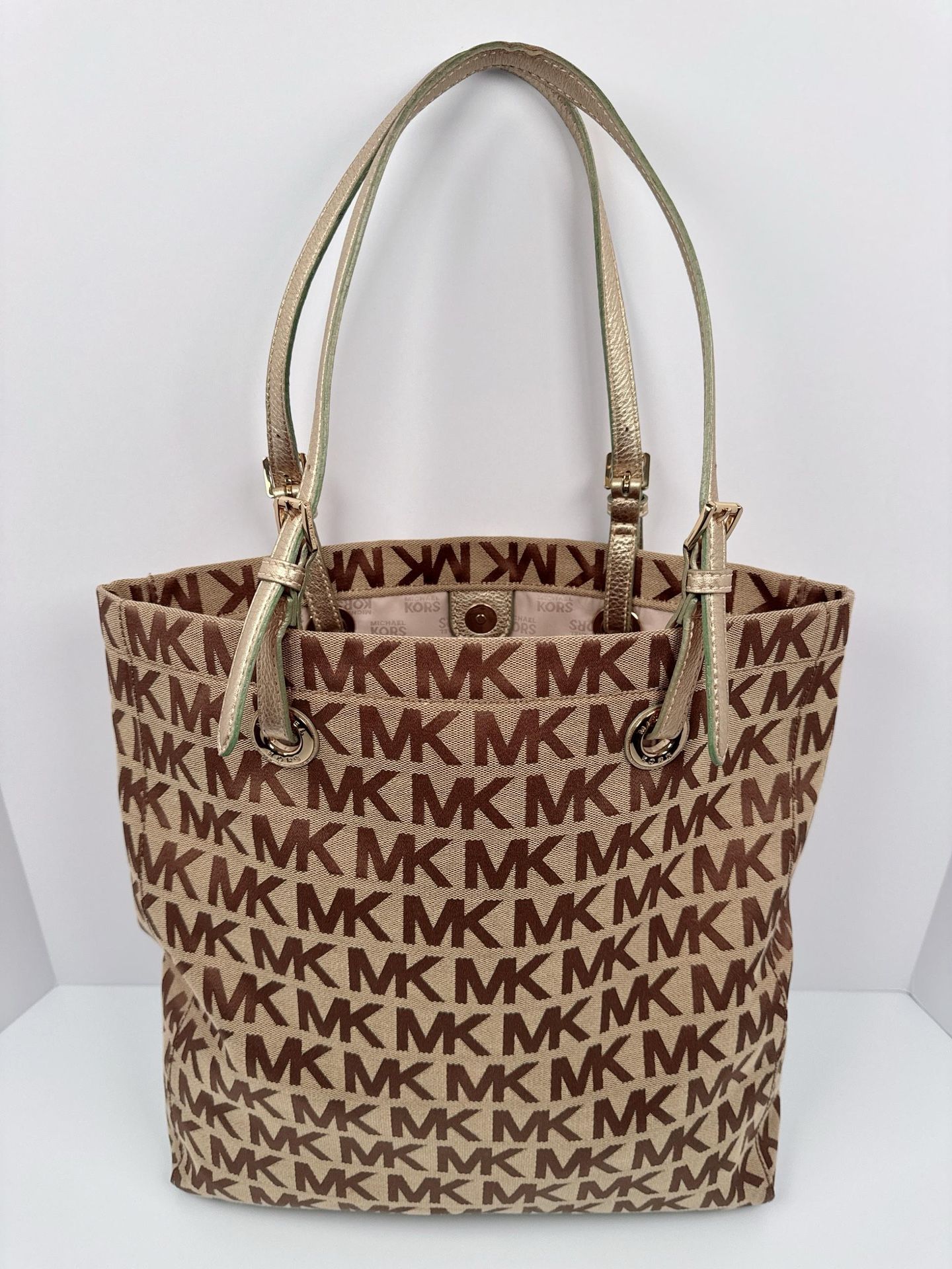 Michael Kors Jet Set Signature Handbag Tote Bag Purse Jacquard/Leather Tan/Brown