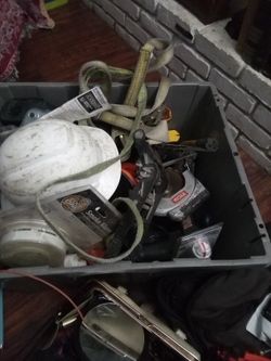 Large Box Of Random Tools, Saw, Pry Tool, Truck Straps, Extension Cord, Hard Hat, Drills, 