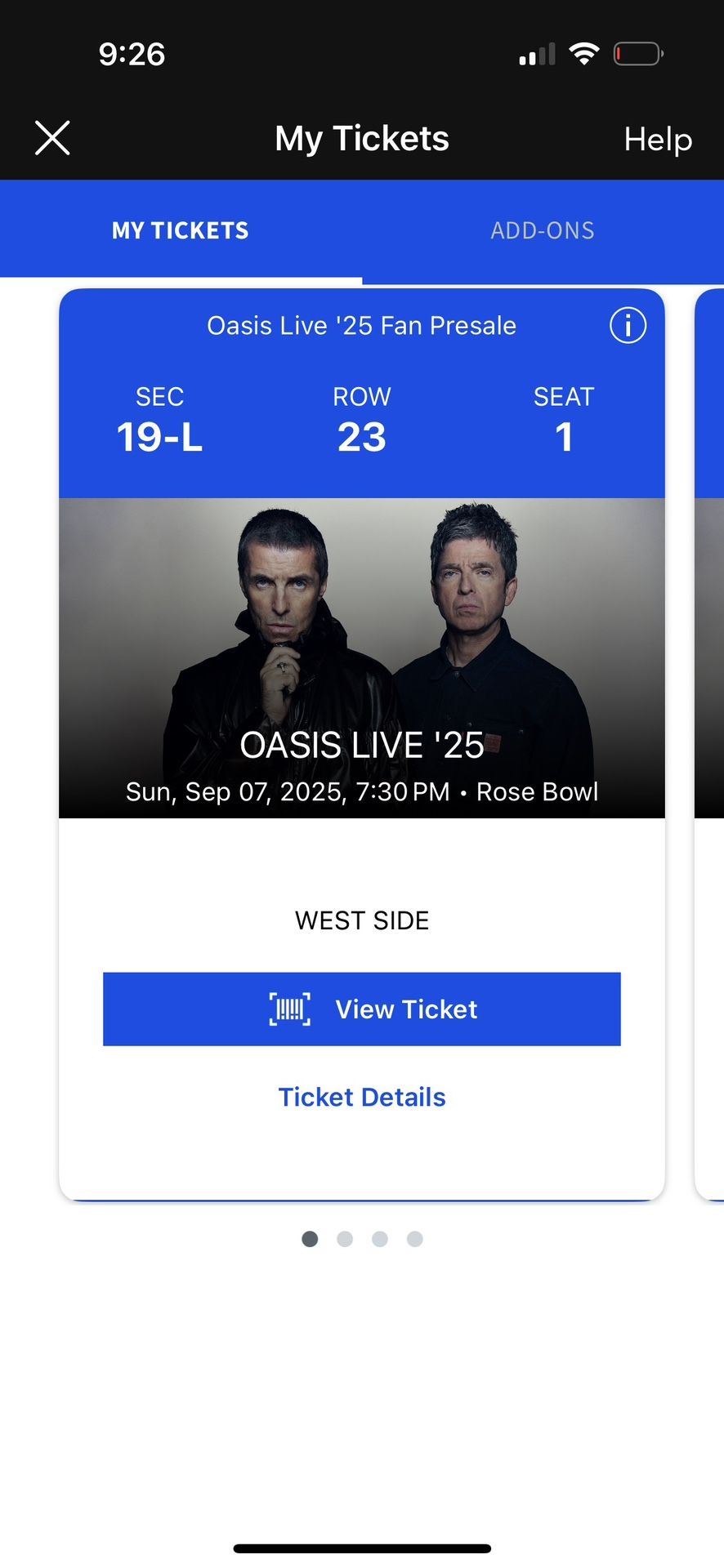 Four Oasis Tickets For 9/7 Show