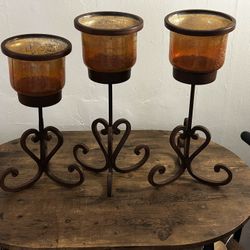Candle Holders, Glass And Wrought Iron