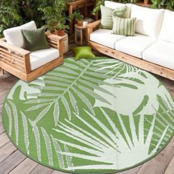  Waterproof Outdoor Rug 6x6 ft, Reversible Plastic Straw Mat with Leaf Pattern