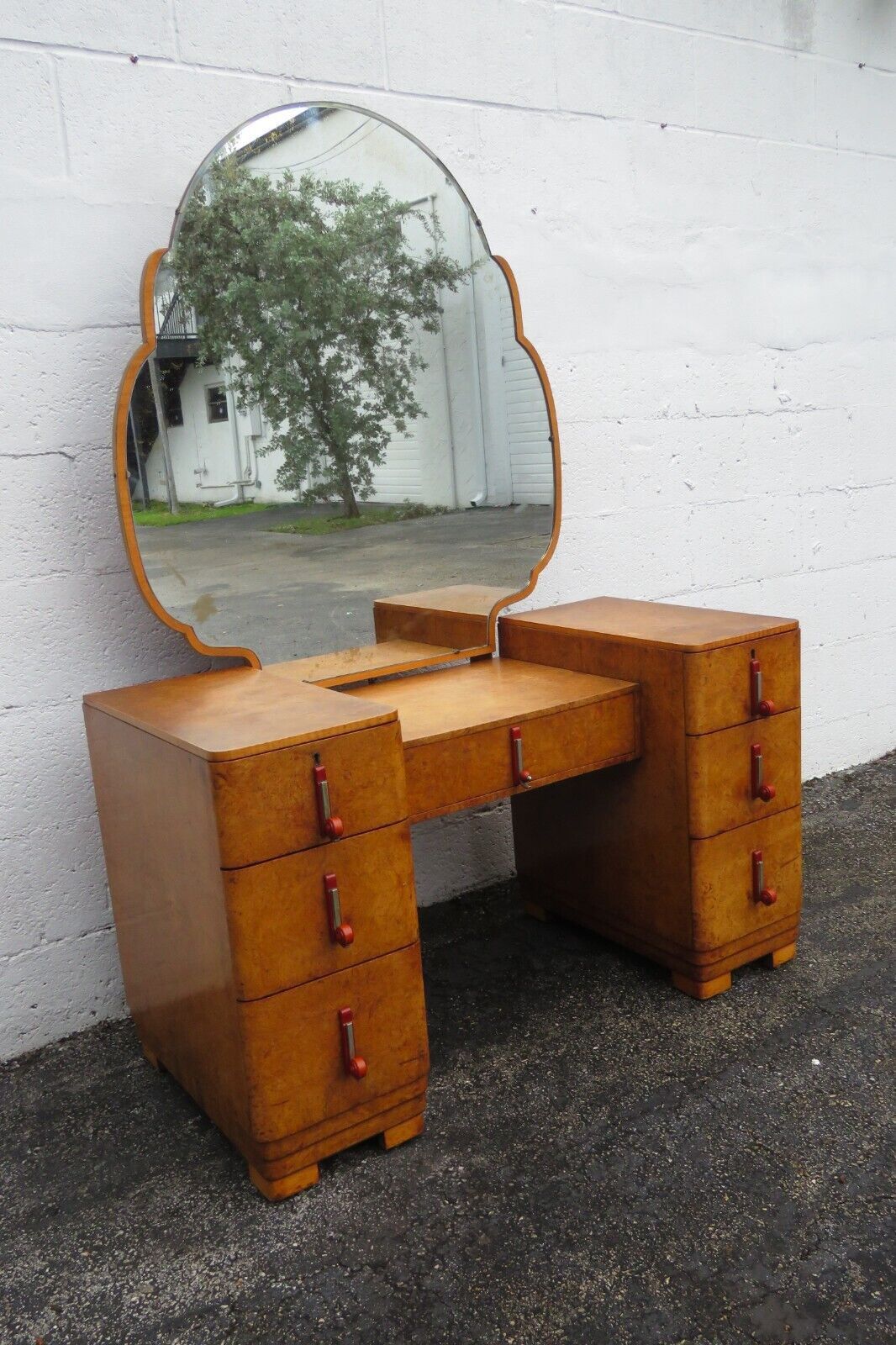 French Art Deco Burlwood Vanity Makeup Table With Mirror 4997