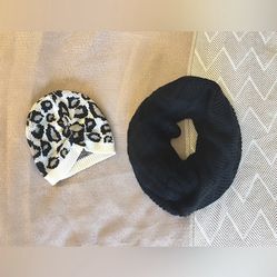 Roxy Cream Leopard Print Beanie Winter Hat & Black Cable Knit Infinity Scarf Set