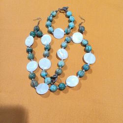 24 inch Genuine Turquoise & Pearl with Crystal Beads Handmade Necklace, Bracelet ( 8 inches), & Earrings 