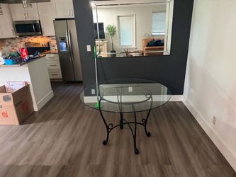 Round Glass Top Dining Table with Wrought Iron Base