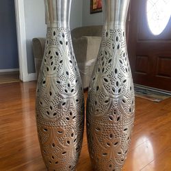 two tall silver floor vases ($20 Each)