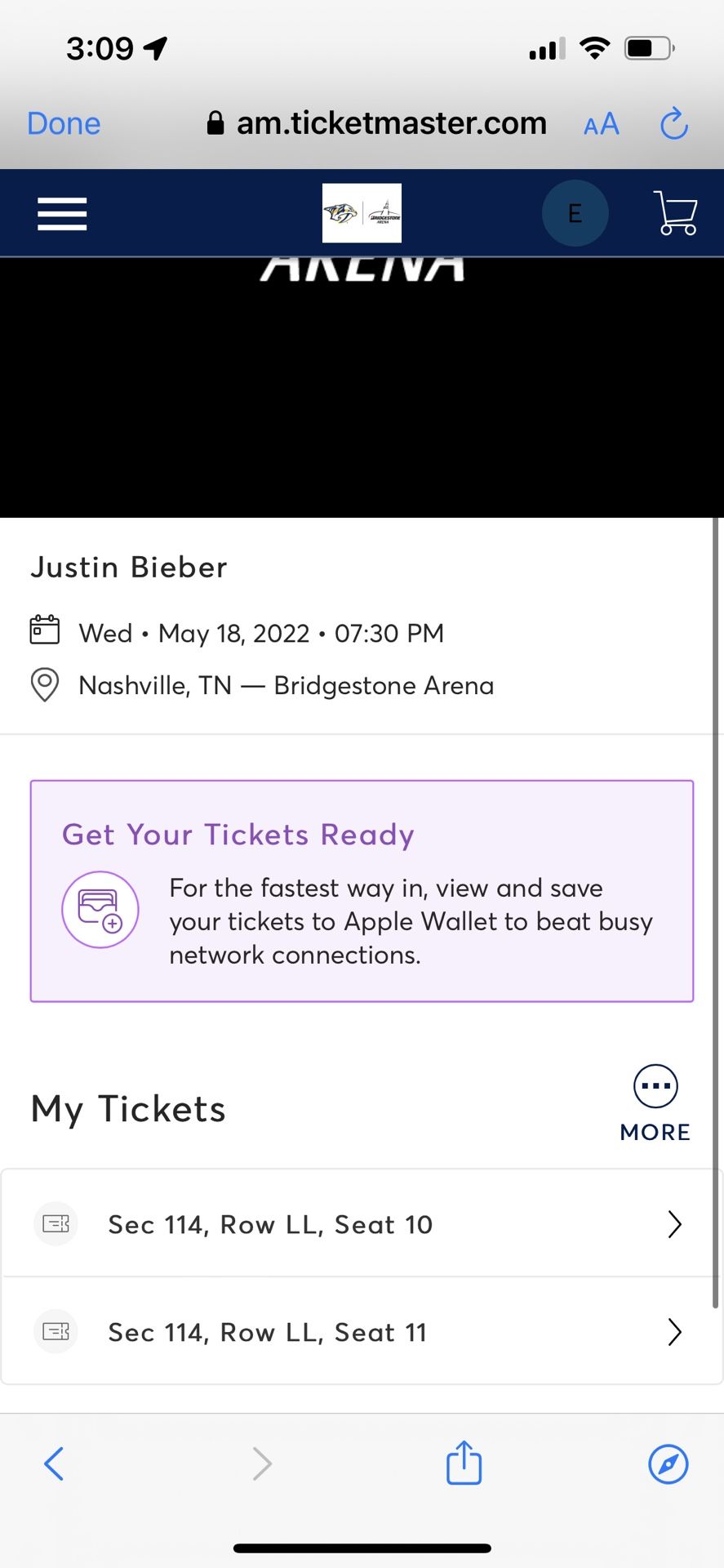Justin Bieber Tickets Section 114 Row LL Lexus Lounge