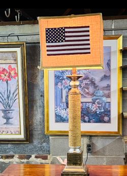 Tall Table Lamp With A Unique Burlap-Style  Shade Featuring An American Flag Design 38.5” Tall