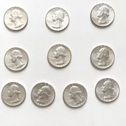 Ten 1964 Silver Washington Quarters in Excellent Condition