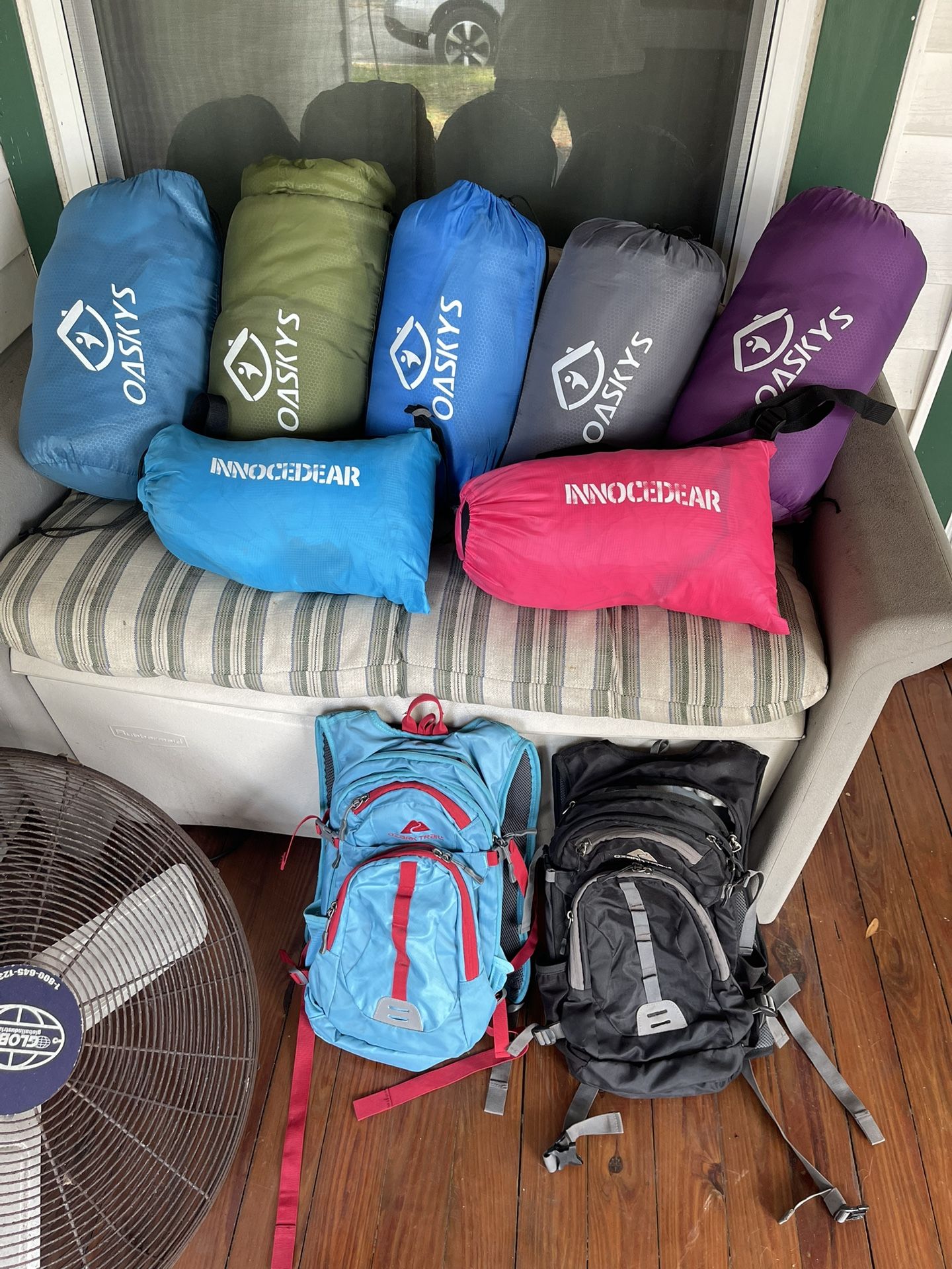 5 Oaskys Sleeping Bags 2 Innocedear Tents and 2 Ozark Trail BackPacks