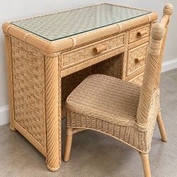 Vintage Wicker Rattan Desk & Matching Chair – Glass Top & Carved Wood Details