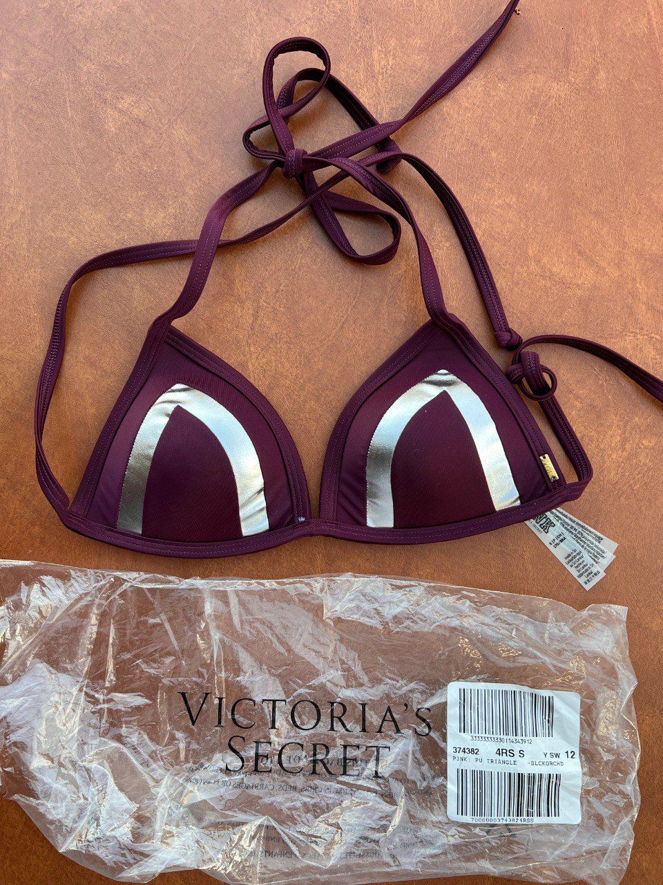 NWT Victoria Secret PINK Swim Bikini Top Silver Burgundy Triangle Size S Push Up Padding #360