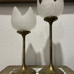 Frosted Glass Tulips, Brass Candle Holders 