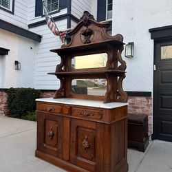 Victorian antique marble solid wood bar hutch cabinet mirror gothic bufet