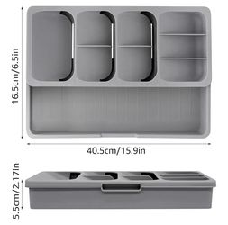 Kitchen Drawer Organizer Tray, Expandable Utensil Tray, Compact Plastic Storage Organisation for Spoons, Grey, Minimalist Style, Flatware Organizers