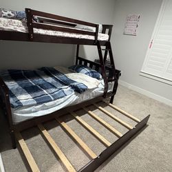 Espresso Wood Twin Over Full Bunk Bed with Trundle, 250/400 lbs Capacity, Solid Pine Frame, Convertible to 2 Separate Beds, No Box Spring Needed