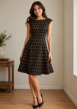Vince Camuto Jacquard Black & Gold FOIL U-Neck Bateau Dress Womens Sz 4